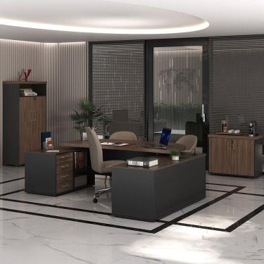 Imagem de Conjunto Executivo Mesa Tamburato Presidente Armário 2 Portas com Nicho e Balcão 2 Portas Charuto/Preto