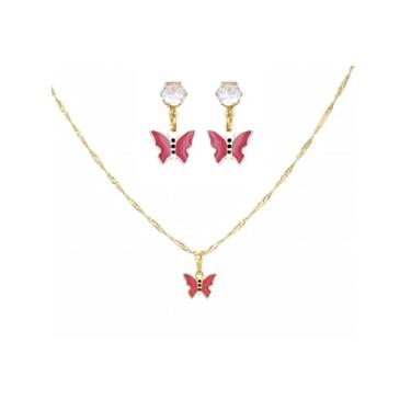 Imagem de Conjunto Infantil Colar e Brinco Borboleta Rosa Bebê Folheado Ouro 18k Antialérgico