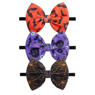 Imagem de Lanmerry Fitas de cabelo para bebês de Halloween com laços para recém-nascidos, acessórios de cabelo laranja, arco de abóbora, nylon, Halloween, 3 peças