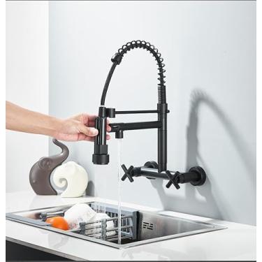 Imagem de Gmusre Torneira Comercial, Torneira de Cozinha Gourmet com Misturador de Água Quente e Fria, Duas Bicas, Montagem na Parede, Punho Duplo, Preto