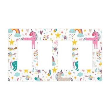 Imagem de Unicórnio colorido arco-íris infantil menina 4 gangues quadriciclo basculante/GFCI/decorador interruptor de luz placa de cobertura elétrica placa decorativa sem parafuso