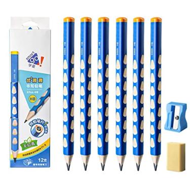 Imagem de Lápis gordo triangular – Pacote com 12 lápis de madeira grossos, fortes, jumbo para escrever e desenhar, HB com borracha e apontador