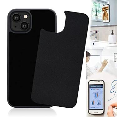 Imagem de Capa de celular antigravidade compatível com iPhone 15 Plus, capa preta antigravidade com sucção de selfie pegajosa para iPhone 15Plus Magic Nano Stick em superfície plana lisa com filme à prova de