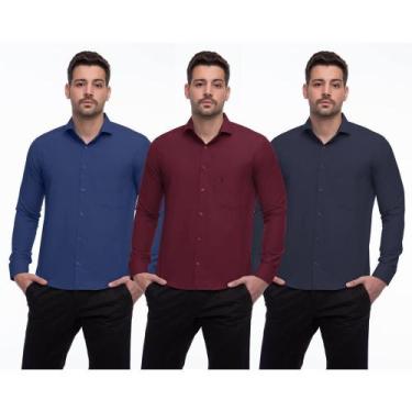 Imagem de Camisa Social Masculina Manga Longa Botões Lisa Kit 3 Branco/Rosa M - 