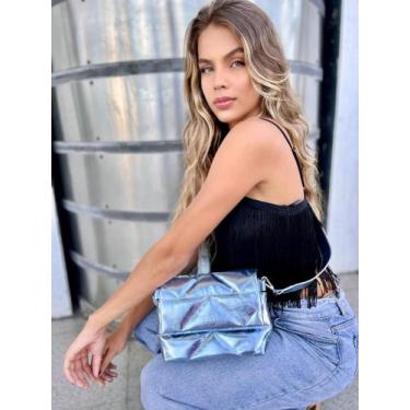 Imagem de Bolsa feminina de couro matelassê azul metalizado Elisa - Bolsa de cou