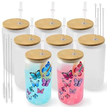 Imagem de Pacote com 8 copos de vidro de sublimação em branco com tampa de bambu 473 ml Latas de cerveja de vidro fosco frasco de vidro para bebidas geladas de refrigerante de suco de café