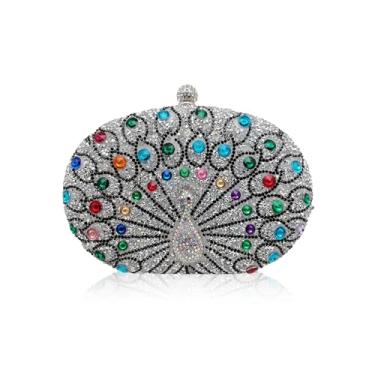 Imagem de CORIOS Bolsa de mão feminina com strass de pavão para noite bolsa de mão de cristal brilhante bolsa de ombro elegante para noivas, Prata, Large