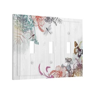 Imagem de Libélula Borboleta Flores Silvestres Três Placas de Parede Hibisco Bloom Erva Samambaia Antigo 3 Gang Capa de Interruptor de Luz Decorativa de Madeira Placa de Comutação Elétrica para Quarto Decoração de Sala de Estar