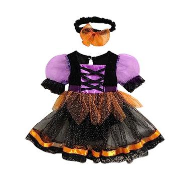Imagem de Nicoxijia Fantasia de bruxa de Halloween para bebês recém-nascidas, manga bufante, tule, vestido de renda, saia tutu body para festa, Preto, roxo, 6-12 Months