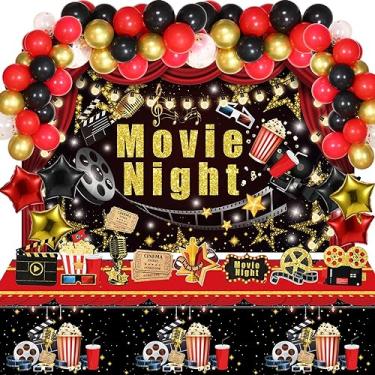 Imagem de 99 Pcs Movie Night Party Decorations Kit Include Movie Themed Table Cover Movie Night Photo Backdrop Film Cutouts and Colorful Balloons for Movie Night Red Carpet Birthday Party Supplies