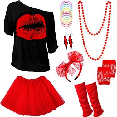 Imagem de Fantasia feminina dos anos 80 com acessórios, camiseta, saia tutu para festa temática de Halloween, Vermelho, 3G