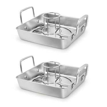 Imagem de Leonyo Porta-frangos para lata de cerveja, assadeiras de frango de 22 cm de aço inoxidável, 2 assadeiras resistentes com 2 suportes verticais para assadeira de frango, para churrasco, forno e