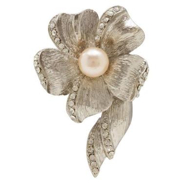Imagem de Broche Strass e Pérola Flor BRG0062 - Akasaki, Prateado