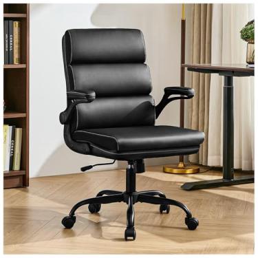 Imagem de Cadeira de escritório ajustável, encosto médio, confortável, de couro, ergonômico, suporte para as costas, cadeira de computador para casa com apoio de braço acolchoado e rodas giratórias (preto)