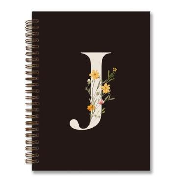 Imagem de foedor Caderno espiral de capa dura personalizado moderno, caderno preto com letra J inicial, presentes com monograma para mulheres adolescentes, caderno espiral de capa dura pautado para faculdade,