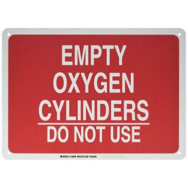 Imagem de Brady 125646 Placa química e de perigo, legenda "Cilindros de oxigênio vazios não usam", altura de 25,4 cm, peso de 35,5 cm, branco sobre vermelho