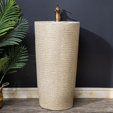 Imagem de Pia de pedestal de uma peça, pia de pedestal de cerâmica para banheiro, pia de coluna esculpida à mão, lavatório de arte em estilo industrial, com mangueiras quentes e frias, lavatório