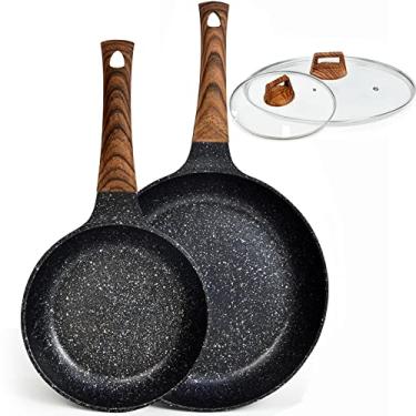 Imagem de Conjunto de frigideiras antiaderentes com tampa, panela de chef com revestimento de pedra de granito sem PFOA, 24 cm, frigideiras de 28 cm para cozinhar, conjunto de frigideiras sem cola com tampa, panelas de presente fogão a gás, tampa de vidro de indução