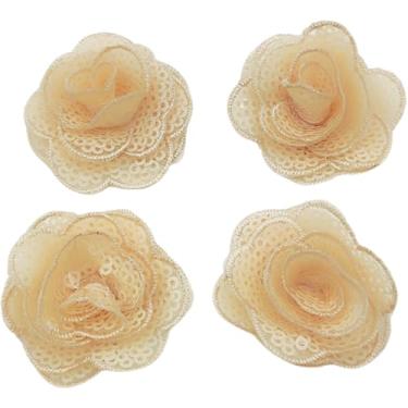 Imagem de Carytalee 5 peças rosa flor lantejoulas renda bordado aplique aplique acabamento vestido de casamento DIY costura artesanato roupas apliques, 4 cm, champanhe