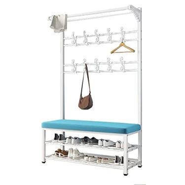 Imagem de Cabide de entrada, banco de sapato, árvore de corredor 3 em 1 com banco de 2 níveis e armazenamento de sapatos, suporte para casaco com moldura de metal e prateleira superior para hall de entrada,