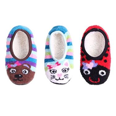 Imagem de BambooMN Pantufas felpudas e aconchegantes de microfibra para crianças e jovens, com forro antiderrapante, 3 pares, 98 cores sortidas, 1-12 Little Kid