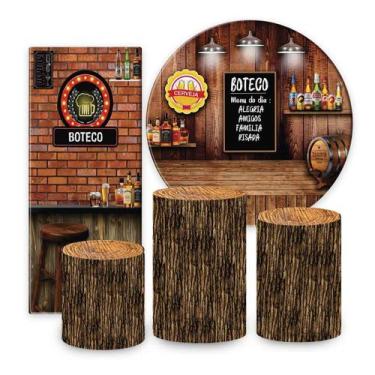 Imagem de Kit Painel de festa Boteco, painel redondo, capa de cilindro e portal 