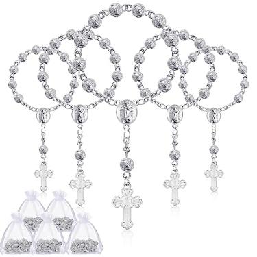 Imagem de Sasylvia 30 peças de lembrancinhas de batismo mini rosário com cruz e 30 sacos de organza para primeira comunhão batizado, casamentos, lembrancinhas de festa (prata)