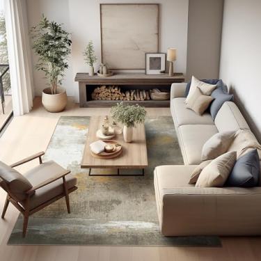 Imagem de Ashler Tapete abstrato, tapetes de área de 15 x 23 cm, tapete de área abstrato moderno para sala de estar, quarto, cozinha, sala de jantar, escritório, decoração de casa marrom branco, tapetes antiderrapantes e laváveis na máquina, decoração de carpete