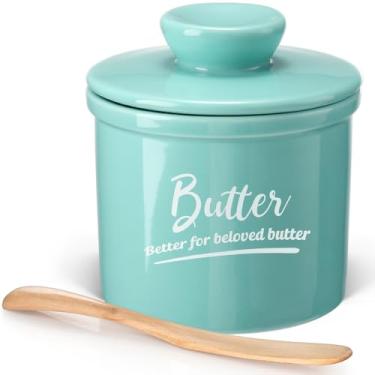 Imagem de AISBUGUR Manteiga de Barro para Balcão com Água, Manteiga Francesa para Manteiga Espalhavel, Mantém A Manteiga Macia e Fresca Por 2 A 5 Semanas, Manteigueira com Tampa para Balcão (Azul-Celeste)