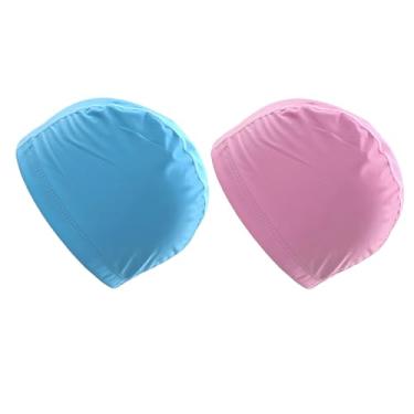 Imagem de TRADERPLUS 2 toucas de natação de tecido PU touca de banho elástica para homens e mulheres (rosa + azul claro)