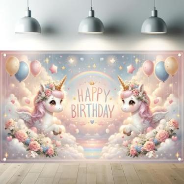 Imagem de Starlit Patio Faixa de fundo de aniversário de unicórnio arco-íris 188 x 109 cm com fitas