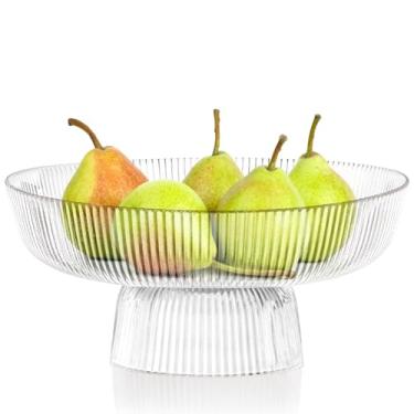 Imagem de ZOOFOX Tigela de frutas para balcão de cozinha, tigela de vidro decorativa grande com pedestal, tigela de pedestal com nervuras para frutas, legumes, salada e sobremesa, tigela chave para mesa de