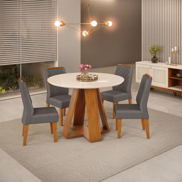 Imagem de Conjunto de Sala de Jantar 4 Cadeiras Lidia Lunar Tampo Redondo Curvo Kiara Freijó Off White dj Móveis