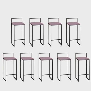 Imagem de Kit 09 Banquetas Alta Com Encosto Lino Industrial Balcão Bistrô Ferro Preto mdf Madeira Rose Gold - Ahz Móveis