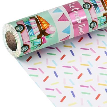 Imagem de LaRibbons Rolo de papel de embrulho reversível para sorvete com padrões de caminhão de sorvete e granulado, perfeito para meninas e crianças presentes de aniversário e verão, 43,2 cm x 33' (46,7 pés