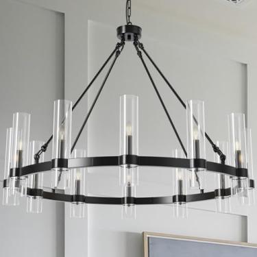 Imagem de JKLX Lustre Preto De 43 Polegadas Com Rodas De Carroça, 12 Luzes Com Cúpulas De Vidro, Luminária Pendente Grande E Moderna De Fazenda Para Sala De Jantar, Sala De Estar, Cozinha, Hall De Entrada, T