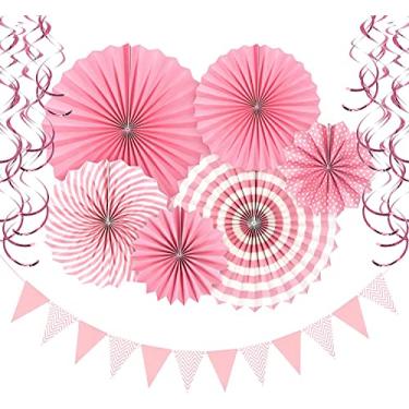 Imagem de LUEYAO Conjunto de fãs de papel para pendurar para festa – 6 peças de ventiladores de papel, 1 faixa de bandeira, 12 peças de redemoinhos de pendurar suprimentos de decoração de parede para festa de aniversário, casamento, eventos de formatura, acessórios rosa (conjunto com 19)