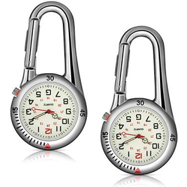 Imagem de Hicarer 2 peças de relógio de quartzo com clipe e cinto de bolso unissex que brilha no escuro com mostrador branco para médicos, enfermeiros, atividades ao ar livre, Prata, Relógio de quartzo