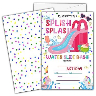 Imagem de Convites de aniversário para crianças, meninas, meninos, tobogã aquático de verão, cartões de convite para festa de aniversário, suprimentos de decoração de festa de aniversário - 20 convites de