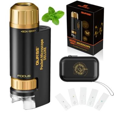 Imagem de QUNSE Mini microscópio portátil de bolso infantil 60 x 120 x, com 5 amostras de slides, estojo de armazenamento de EVA, microscópio para crianças, embalagem de presente, Natal, aniversário