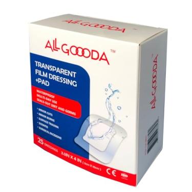 Imagem de ALL GOOODA Curativo De Filme Transparente 3,5" X 4" (Pacote Com 25) + Compressa Absorvente, Barreira Bacteriana À Prova D'Água, Bandagens Adesivas Intravenosas, Cuidados Posteriores Tatuagem, Tratam