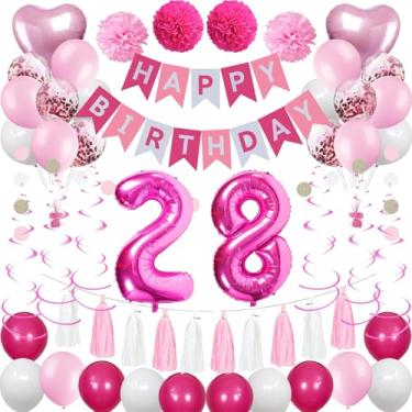 Imagem de NANINUNENO Lindas Decorações De Aniversário 28 Anos Para Mulheres, Rosa E Branco, Balões Alegres, Suprimentos Festa Anos, Namorada Esposa, Incluindo Faixa, Folha Alumínio Com Números