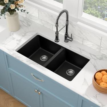 Imagem de Sarlai Pia de cozinha composta de granito preto 33 - tigela dupla de 83 cm x 48 cm, pia de cozinha, lavatório duplo 50/50 de quartzo preto fosco sob o balcão com acessórios