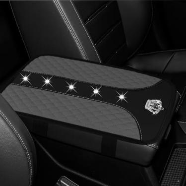 Imagem de Wogomz Capa de console central de carro Bling Crown, capa de apoio de braço para carros, capa de apoio de braço de couro à prova d'água, almofada de caixa de descanso de braço, protetor universal para