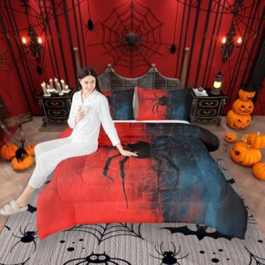 Imagem de Conjunto de edredom infantil de aranha preta, tamanho king, teia de aranha aracnídea, inseto, animal, decoração de quarto para meninos, meninas, mulheres, homens, edredom gótico de Halloween, edredom