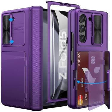Imagem de Vihibii Capa para Samsung Z Fold 5, suporte de cartão integrado e capa protetora para câmera deslizante e proteção de dobradiça e protetor de tela frontal, capa de telefone carteira robusta para