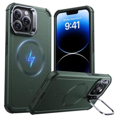 Imagem de Capa ESR série Cyber para iPhone 13 Pro Max com suporte, proteção de nível militar contra quedas de 7 metros, capa magnética resistente, compatível com acessórios MagSafe, verde