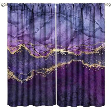 Imagem de Cortinas de mármore douradas roxas, estampa abstrata marmorizada violeta azul roxo com veias douradas para decoração de janela de quarto, varão, cortinas blackout para sala de estar, quarto, cozinha