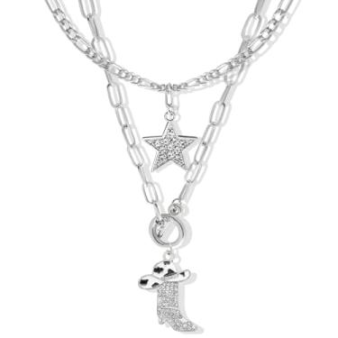 Imagem de RechicGu Conjunto de 2 peças de gargantilha de estrela de strass brilhante, pingente de bota de vaqueira ocidental, conjunto de colar empilhável para mulheres, corrente grossa, chapéu esmaltado de