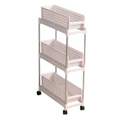 Imagem de Organizador de carrinho de armazenamento Rolando espaço versátil ajustável economizando um carrinho de armazenamento elegante e elegante para o banheiro de cozinha quarto plástico (3 camadas)